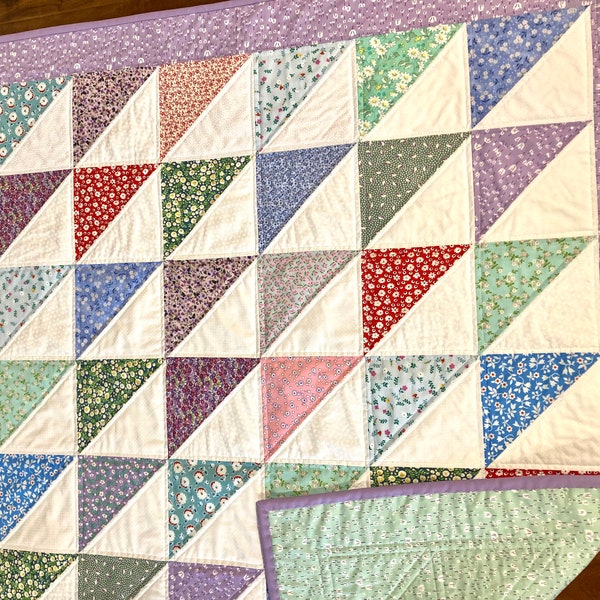 Reproduction 1930’s cotton quilt, adult or baby quilt, sweet fabrics for a throwback look, 39”x 45”