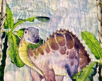 Dinosaur Quilt: Cotton & Flannel Baby Blanket, Crib or Wall Art, 39”x 46”