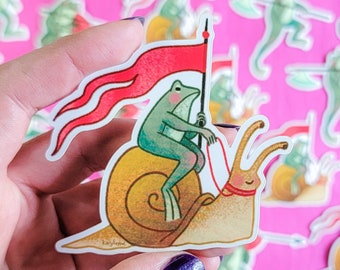 Vinyl Sticker - Medieval Frog and Snail, Knight Illustration, Renaissance, Glossy Sticker Waterproof , Kary Keppol, Weatherproof Sticker,
