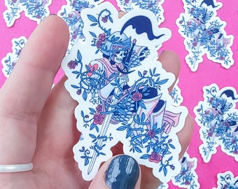 Vinyl Sticker - Sleepy Knight, Skeleton Medieval Illustration, Roses, Glossy Sticker Waterproof , Kary Keppol, Weatherproof Sticker,