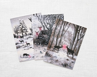 Holiday Greeting Card Set of 3, Winter Illustrated Stationary, 3 Designs