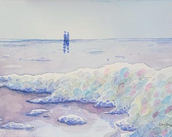 Original Watercolor Painting, North Jetty and Seafoam, Oregon Coast Beach, Kary Keppol, Coastal Home Decor, Gallery Wall Art
