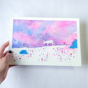 Original Art, Watercolor painting study, deer landscape, Hand Painted by Kary Keppol