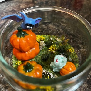 May include: A glass terrarium featuring miniature orange pumpkins, green moss, and a blue bat figurine. A small green and white creature figurine is also present. The terrarium is a decorative item.