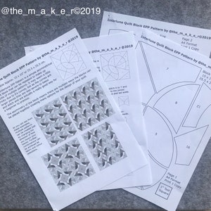 May include: A set of three black and white printable quilt block patterns for English Paper Piecing (EPP). The patterns are called Interluna and are designed by @the_m_a_k_e_r. The instructions include a 2.5 cm square test square and a 25.5 x 25.5 cm block pattern.