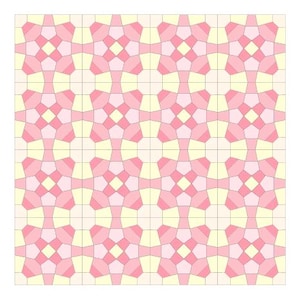 Könnte beinhalten: Ein sich wiederholendes Muster aus geometrischen Formen in Pink und Gelb. Das Muster besteht aus Quadraten, Dreiecken und Rauten. Der Hintergrund ist hellgelb.