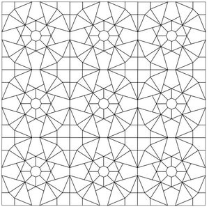 May include: A black and white geometric pattern with repeating circles and lines. The pattern is made up of a grid of nine squares, with each square containing a circle with a starburst design.