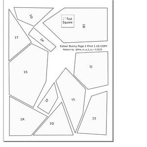 May include: A black and white line drawing of a puzzle with 11 pieces. The pieces are labeled with numbers and letters. The text "Eatser Bunny Page 2 Print 1 US COPY" and "Pattern by @the_m_a_k_e_r &copy;2020" are also included in the image.