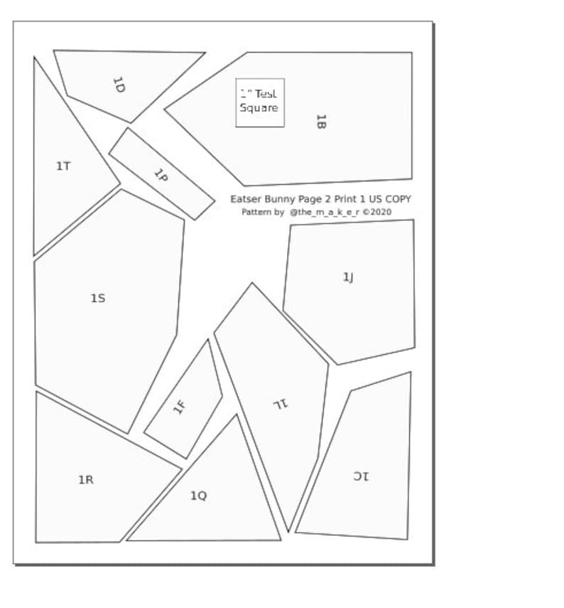 May include: A black and white line drawing of a puzzle with 11 pieces. The pieces are labeled with numbers and letters. The text "Eatser Bunny Page 2 Print 1 US COPY" and "Pattern by @the_m_a_k_e_r &copy;2020" are also included in the image.
