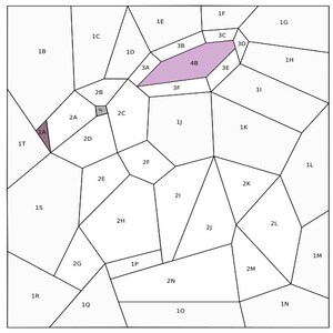 May include: A black and white diagram of a geometric shape divided into 24 sections. Each section is labeled with a number and a letter. The center section is labeled "4B" and is colored purple.