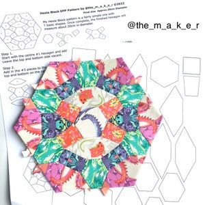 May include: A close-up of a colorful fabric hexagon, made using English paper piecing (EPP), with a printed pattern of flowers, dragons, and mice. The hexagon is 20 cm in diameter and is surrounded by a printed pattern of hexagons and diamonds.