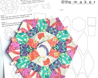Motivo a blocchi trapuntati Hexie Block. Diametro 20 cm. Riattacco della carta inglese. Scarica digitale PDF. File di taglio SVG. Stampa a casa. Modelli EPP.