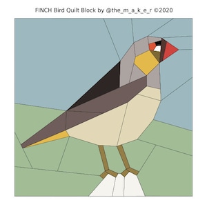May include: A geometric Finch bird quilt block design. The bird features a red beak, yellow chest, and brown and gray feathers. The background is light blue and green. Text at the top reads "FINCH Bird Quilt Block by @the_m_a_k_e_r ©2020".