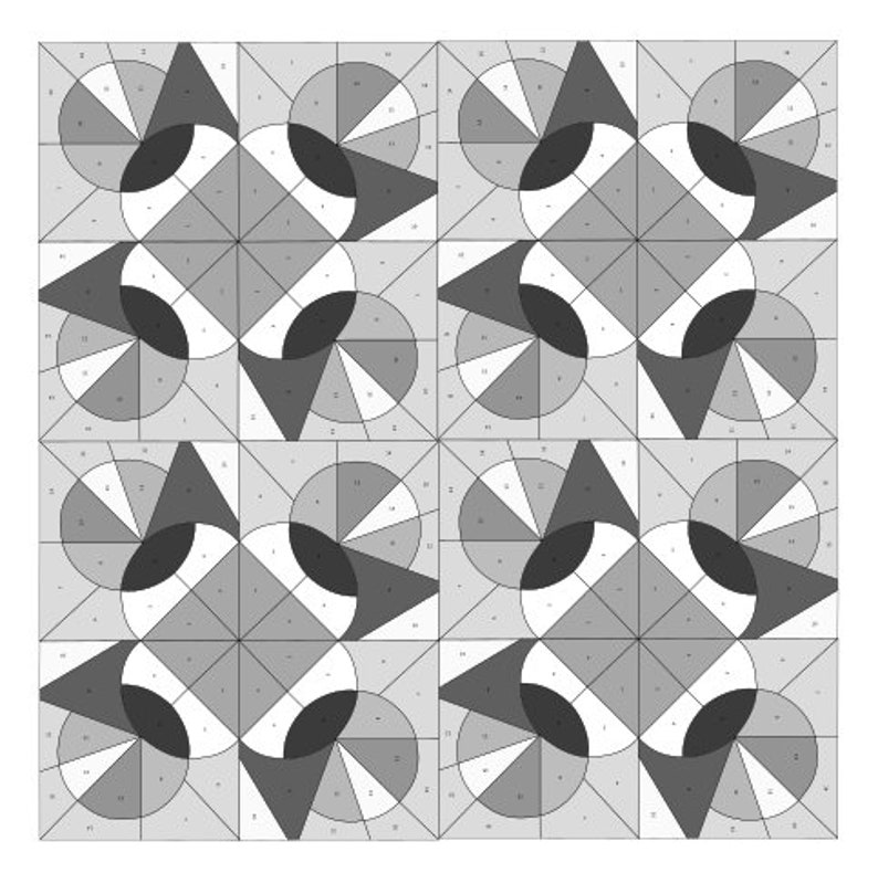 May include: A black and white geometric pattern with a repeating design of circles, triangles, and squares. The pattern is divided into four sections, each with a different colour scheme. The colours used are black, white, and grey.