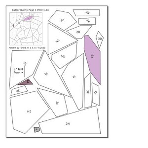 May include: A black and white printable Easter bunny puzzle with 28 pieces. The puzzle is designed to be printed on A4 paper. The pieces are numbered and the puzzle is labeled "Easter Bunny Page 1 Print 1 A4".