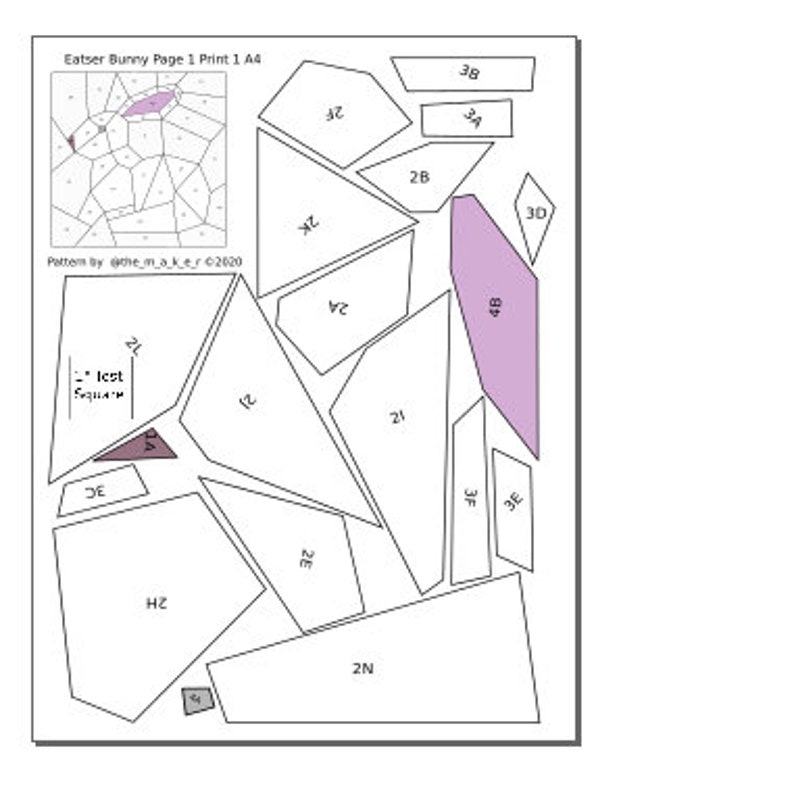May include: A black and white printable Easter bunny puzzle with 28 pieces. The puzzle is designed to be printed on A4 paper. The pieces are numbered and the puzzle is labeled "Easter Bunny Page 1 Print 1 A4".