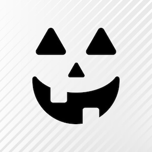 Peut inclure: Illustration en noir et blanc d'un visage de citrouille d'Halloween avec un large sourire et deux yeux triangulaires.