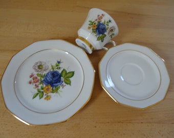 Oskar Schaller Porzellan Kaffee Gedeck 3 tlg Rosenmuster Goldrand Vintage
