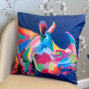 Bright NEON Rainbow Jungle Rhino Animal Cushion | 45x45cm 18x18" | Funky Pop Art Rhinoceros Pillow | For Bed Sofa Living Room | Gift Idea