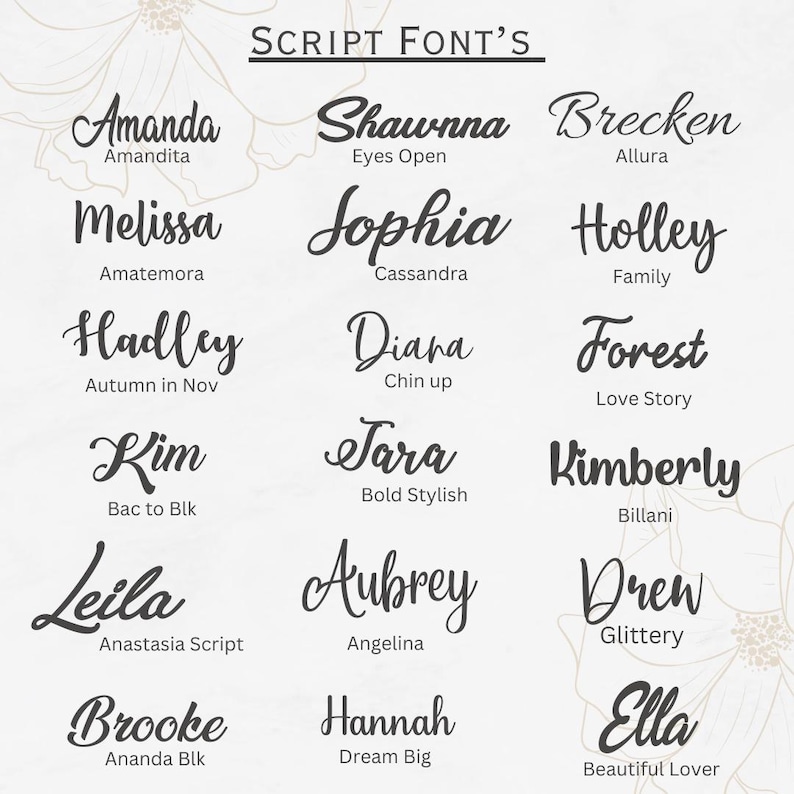 Może przedstawiać: Grafika prezentująca r&oacute;żne czcionki skryptowe, z nazwami takimi jak Amanda, Sophia i Drew. Każda czcionka jest wyświetlana z przykładowym słowem lub frazą, taką jak "Eyes Open" lub "Love Story". Tekst "SCRIPT FONTS" znajduje się na g&oacute;rze.