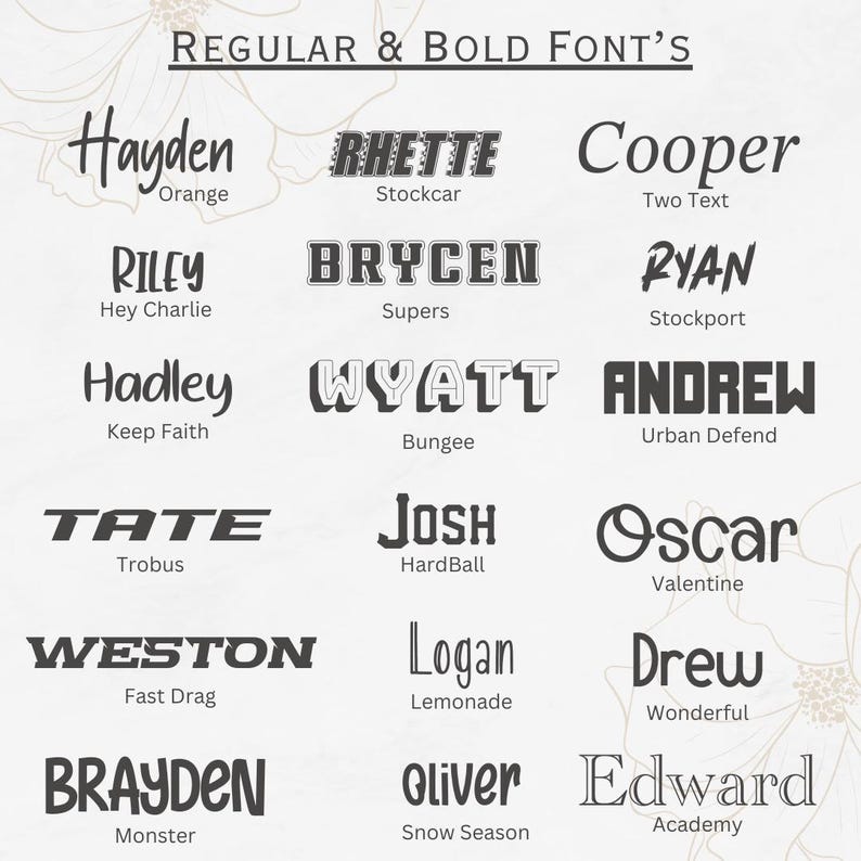 Może przedstawiać: Grafika prezentująca r&oacute;żne style czcionek, w tym "Hayden", "Rhett" i "Cooper". Każda czcionka jest wyświetlana z przykładowym słowem i nazwą stylu, jak "Orange" lub "Two Text". Obraz zatytułowany "Regular & Bold Fonts".