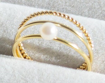 Gold Filled Stacking Ring Set: Dainty Pearl Rings, Minimalist Jewelry