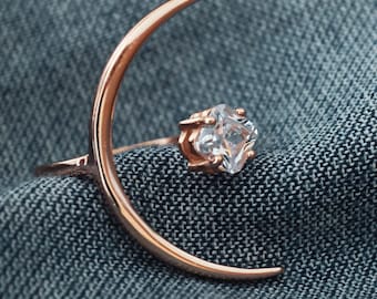 Crystal Rose Gold Sun and Moon Ring, Gold Crescent Moon Ring, Adjustable Boho Ring,Minimal Moon Star Ring,Valentine's Day  Gift For Her
