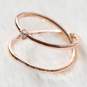 Rose Gold Minimal CZ Diamond Ring, Dainty Stacking Ring, Thin Cross Ring, Double Ring, Holiday/Valentine&#39;s Day  Gift for her/Mom/family