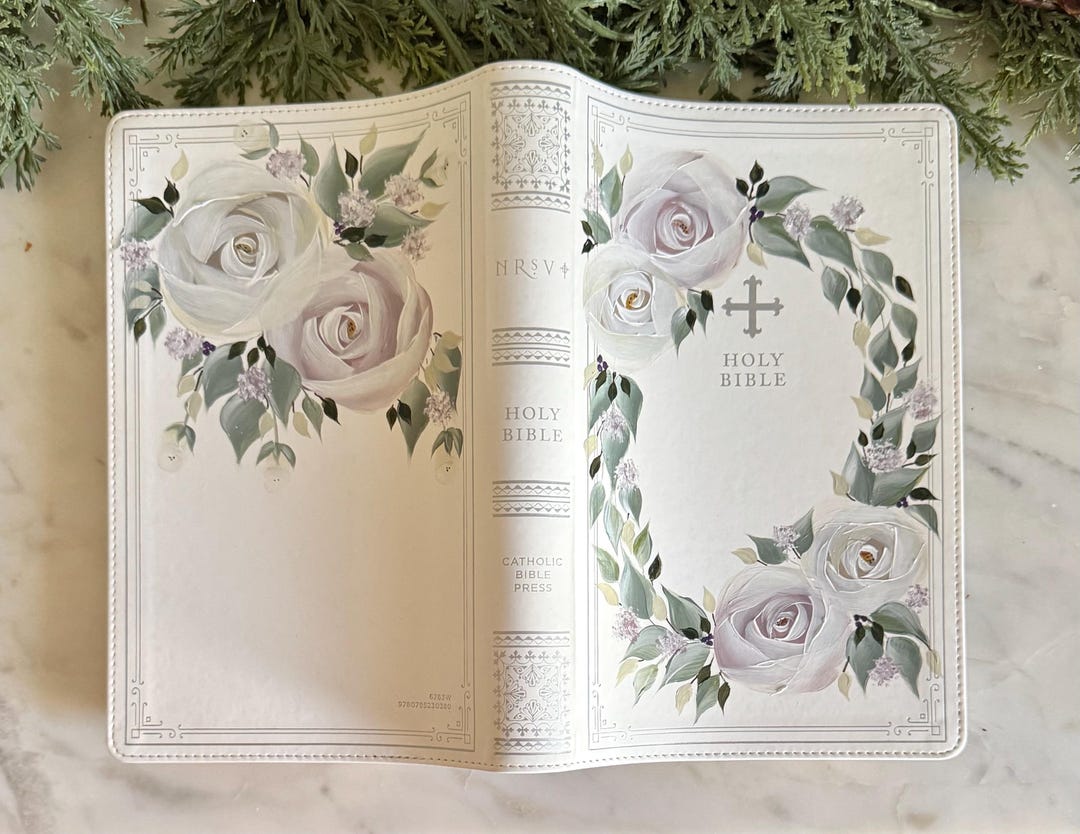 Handpainted Floral Catholic NRSV Bible Keepsake Bible, READY to Ship