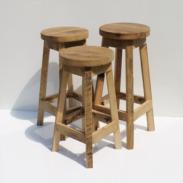 Rustic Bar Stool - Reclaimed Barn Wood (Raw) w/Round Top - 24", 25", 26", 27", 28" Tall