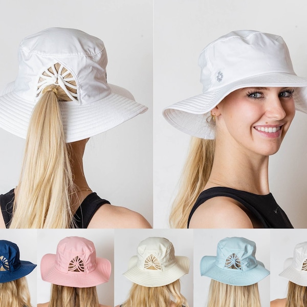 VIMHUE Women Sun Goddess Big Brim Bucket Hats - High Ponytail - UPF50 - Adjustable Ponytail hat- High pony cap - Bucket Hat - Sun Hat