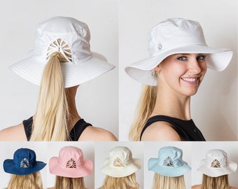 VIMHUE Women Sun Goddess Big Brim Bucket Hats - High Ponytail - UPF50 - Adjustable Ponytail hat- High pony cap - Bucket Hat - Sun Hat