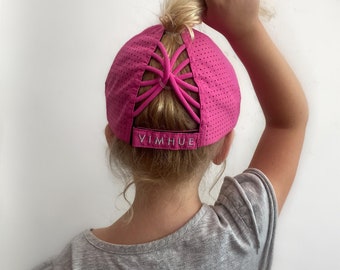 KIDS Fuchsia High Ponytail Hat (53cm) - UPF50 - KIDS Baseball Cap - Adjustable Straps - Ponytail Baseball Cap - Ponytail Cap - Ponytail hat