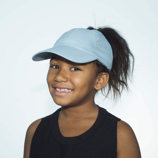 KIDS Sky Blue High Ponytail Hat (53cm) - UPF50 - KIDS Baseball Cap - Adjustable Straps - Ponytail Baseball Cap - Ponytail Cap - Ponytail hat