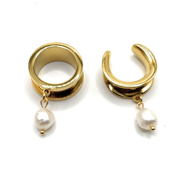 Gold fresh water Pearl Silver 316l Surgical steel Screw Fit Dangle Ear Tunnel available in 3mm (8GA)- 30mm (1.18") Gauges