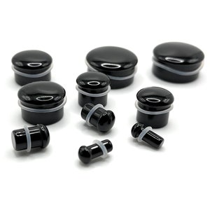 Black Obsidian Glass Stone Single flared Plug with O ring available in sizes 4mm - 25mm (1") dead stretching