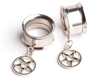 Silver Surgical Steel Pentagram Halloween Screw Fit Dangle Tunnel / Ear Plugs / Gauges sizes 6mm (2GA) - 30mm (1.18")