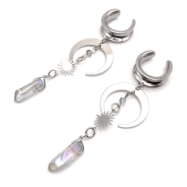 Long Moon and Glass Silver 316l Surgical steel Horseshoe Saddle Tunnels / Plugs available in 6mm (2GA) - 30mm