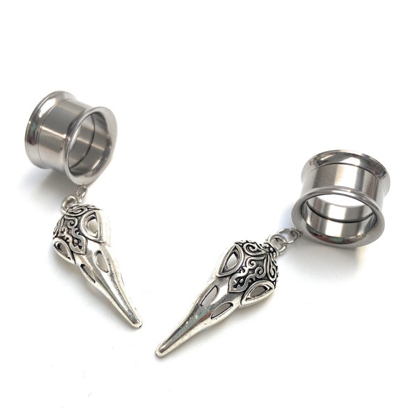 Élégant crâne Ornate Bird Silver 316l Surgical steel Screw Fit Dangle Tunnel disponible en 6mm (2GA) - 30mm (1.18 »)