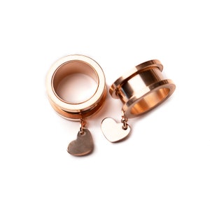 Rose Gold Heart Dangle Tunnels: Surgical Steel Screw Fit Gauges (6mm-30mm)