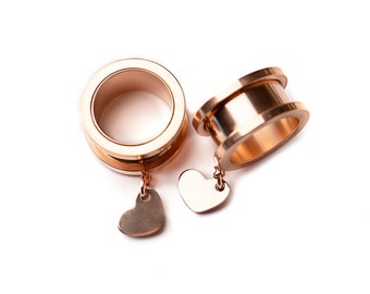 Rose Gold Heart Dangle Tunnels: Surgical Steel Screw Fit Gauges (6mm-30mm)