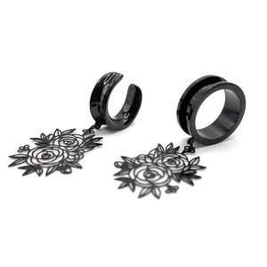 Black Floral Bunch of Roses 316l Surgical steel Screw Fit Dangle Tunnel available in 6mm (2GA) - 30mm (1.18") Gauges, Bridal. Wedding,