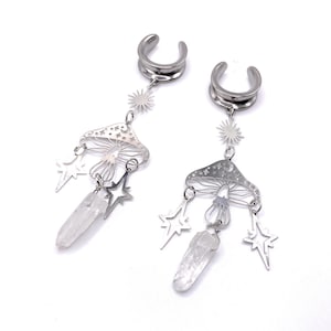 Stunning mushroom with clear quartz Silver 316l Surgical steel Horseshoe Ear Saddle Tunnels / Plugs available in 6mm (2GA) - 30mm