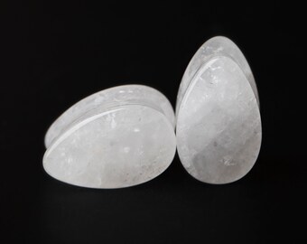White Cloudy Quartz Teardrop Stone Saddle Plugs, Gauges.
