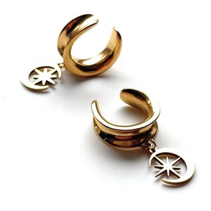 Può includere: Due dilatatori per orecchie color oro con un ciondolo a forma di luna crescente e stella. I dilatatori hanno un design curvo a forma di tunnel. I ciondoli sono attaccati alla parte inferiore dei dilatatori. Lo sfondo è bianco.