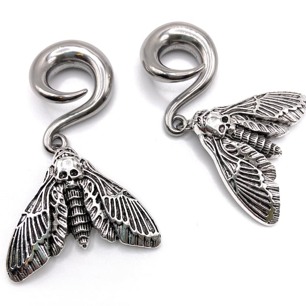 Silver Death Moth / Butterfly Ear Hangers / poids 316l Steel Ear Weight 4mm, 6mm (2GA), 8mm (0GA) et 10mm (00GA)