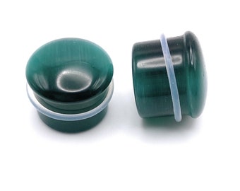 Quality Teal Green Cats Eye Stone Single flared Plug with O ring available in sizes 3mm (8G) - 16mm (5/8")
