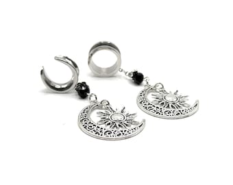 Tunnel d'oreille pendant à vis en acier chirurgical 316l Silver Moon and Sun disponible en calibres 3 mm (8GA) - 30 mm (1,18"),