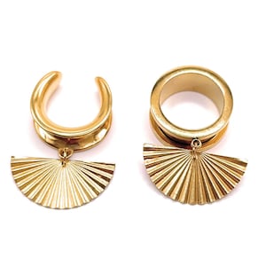Fan Dangle Ear Tunnels: Raw Brass, Surgical Steel, Gauges 3mm-30mm