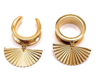 Fan Dangle Ear Tunnels: Raw Brass, Surgical Steel, Gauges 3mm-30mm